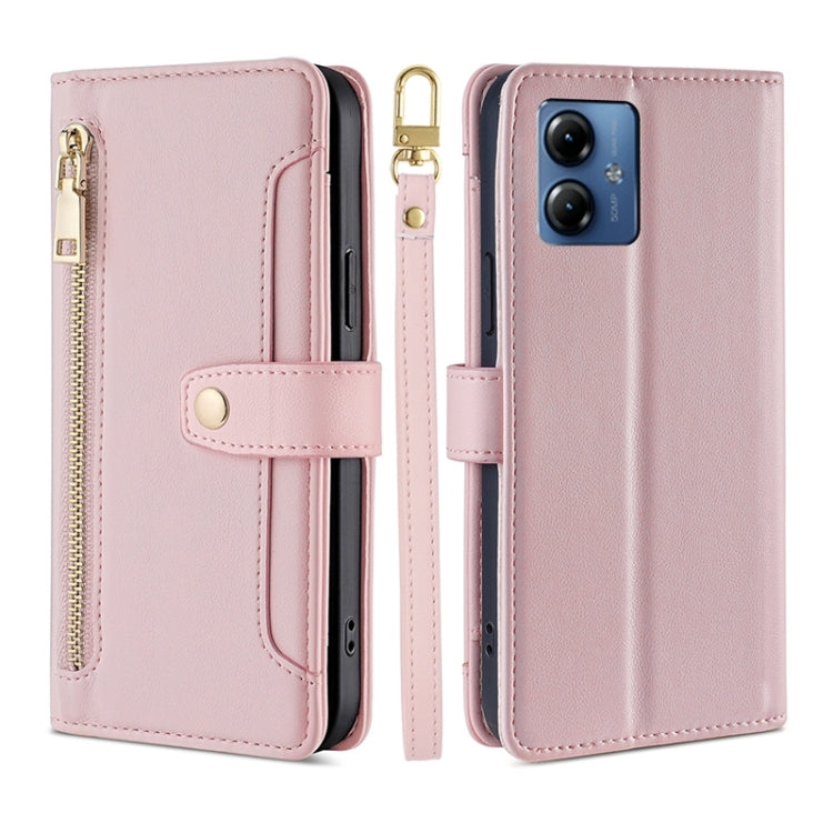 For Motorola Moto G14 4G Lite Sheep Texture Cross-body Zipper Wallet Leather Phone Case(Pink) - Motorola Cases by PMC TechLife | Online Shopping South Africa | PMC TechLife | Buy Now Pay Later Mobicred