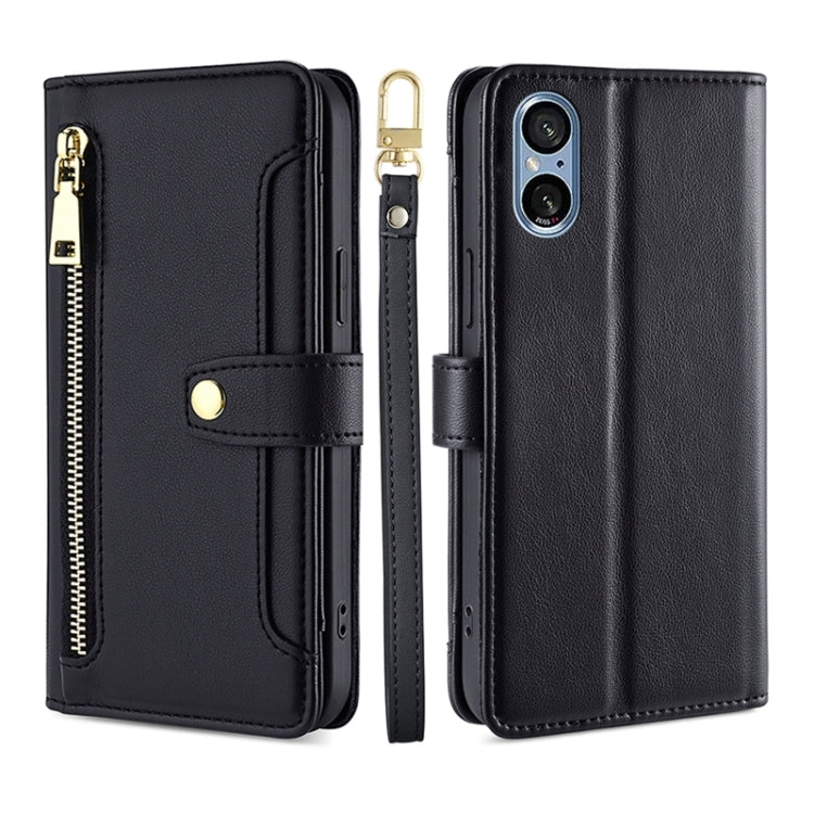For Sony Xperia 5 V Lite Sheep Texture Cross-body Zipper Wallet Leather Phone Case(Black) - Sony Cases by PMC TechLife | Online Shopping South Africa | PMC TechLife | Buy Now Pay Later Mobicred