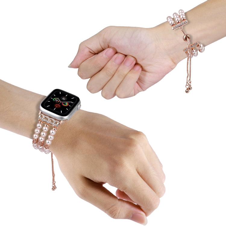 For Apple Watch Series 8 45mm Beaded Pearl Retractable Chain Watch Band(Pink) - Watch Bands by PMC Jewellery | Online Shopping South Africa | PMC Jewellery