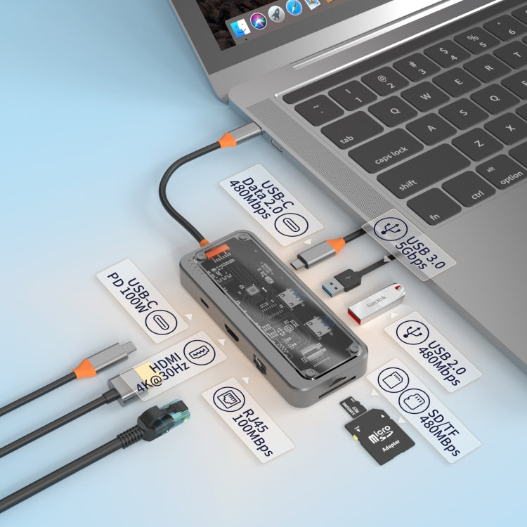 SW8V 8 in 1 Type-C to USB + HDMI + RJ45 + SD/TF HUB Docking Station(Grey) - USB HUB by PMC Jewellery | Online Shopping South Africa | PMC Jewellery | Buy Now Pay Later Mobicred