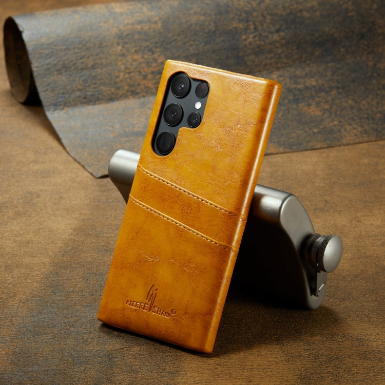For Samsung Galaxy S24 Ultra 5G Fierre Shann Oil Wax Texture Leather Phone Case with Card Slots(Yellow) - free shipping - PMC Jewellery - Order now!