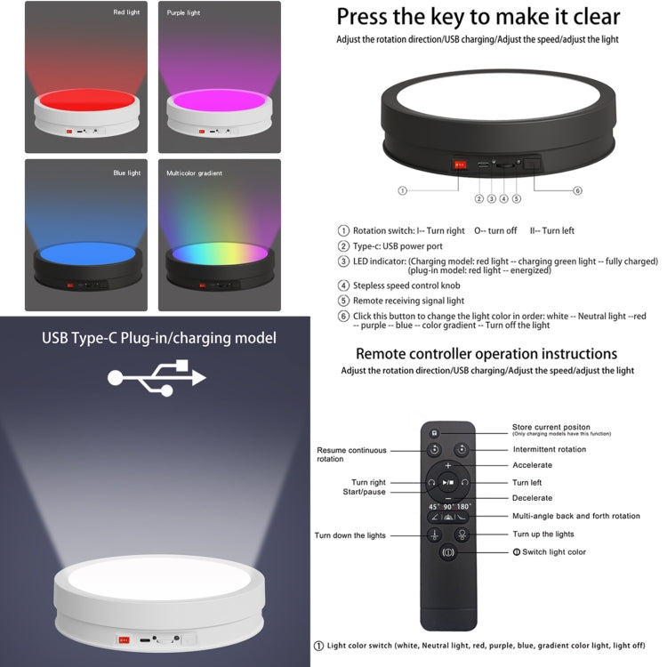 22cm Colorful LED Light Electric Rotating Display Stand Turntable, Style:Power Plug-in(White) -  by PMC TechLife | Online Shopping South Africa | PMC TechLife | Buy Now Pay Later Mobicred