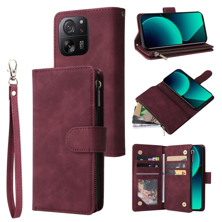 For Xiaomi 13T / 13T Pro Multifunctional Frosted Zipper Wallet Leather Phone Case(Wine Red) - Xiaomi Cases by PMC TechLife | Online Shopping South Africa | PMC TechLife | Buy Now Pay Later Mobicred