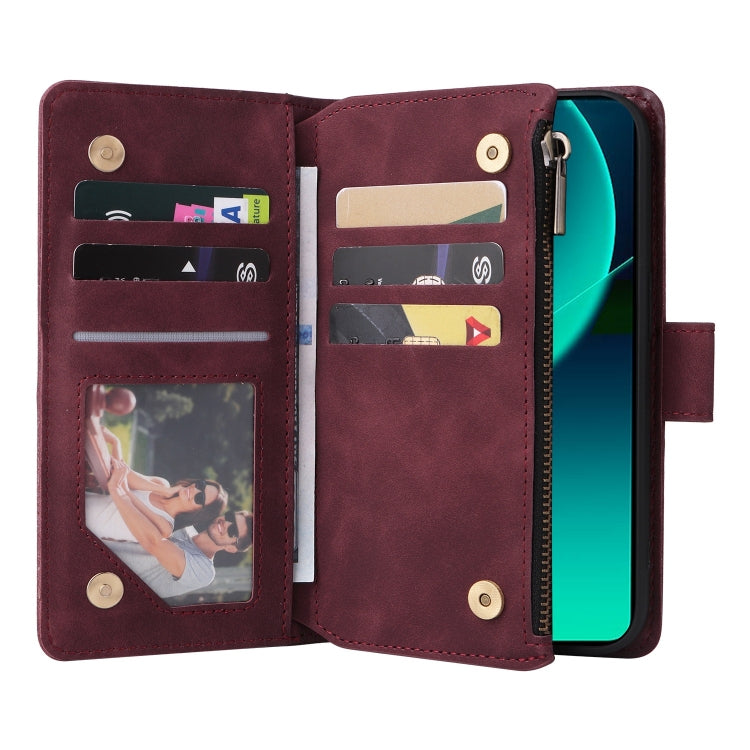 For Xiaomi 13T / 13T Pro Multifunctional Frosted Zipper Wallet Leather Phone Case(Wine Red) - Xiaomi Cases by PMC TechLife | Online Shopping South Africa | PMC TechLife | Buy Now Pay Later Mobicred