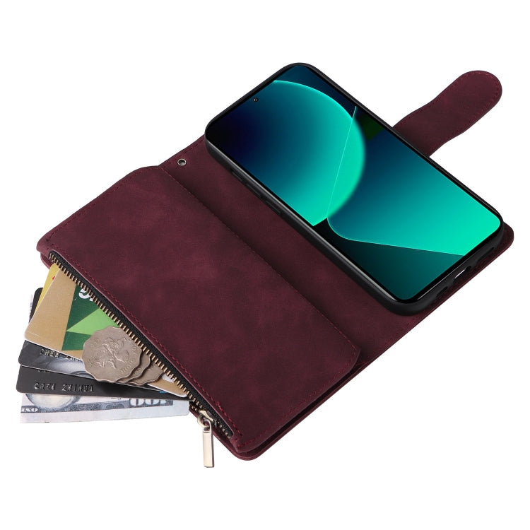 For Xiaomi 13T / 13T Pro Multifunctional Frosted Zipper Wallet Leather Phone Case(Wine Red) - Xiaomi Cases by PMC Jewellery | Online Shopping South Africa | PMC Jewellery | Buy Now Pay Later Mobicred