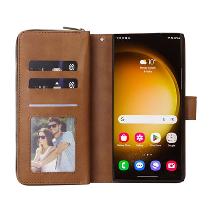 For Samsung Galaxy S24 Ultra 5G 9-Card Slots Zipper Wallet Bag Leather Phone Case(Brown) - Galaxy S24 Ultra 5G Cases by PMC Jewellery | Online Shopping South Africa | PMC Jewellery | Buy Now Pay Later Mobicred