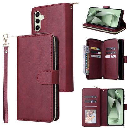 For Samsung Galaxy S24 FE 5G 9-Card Slots Zipper Wallet Bag Leather Phone Case(Wine Red) - Galaxy S24 FE 5G Cases by PMC Jewellery | Online Shopping South Africa | PMC Jewellery | Buy Now Pay Later Mobicred