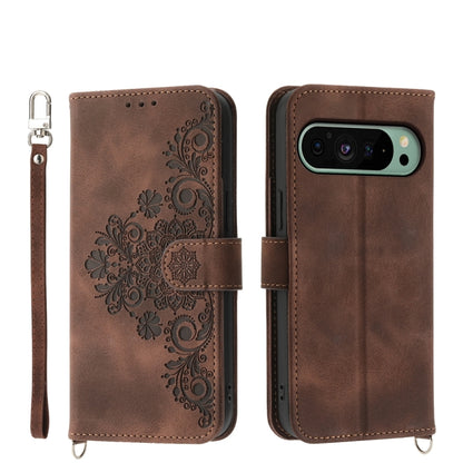 For Google Pixel 9 Skin-feel Flowers Embossed Wallet Leather Phone Case(Brown) - Google Cases by PMC Jewellery | Online Shopping South Africa | PMC Jewellery | Buy Now Pay Later Mobicred