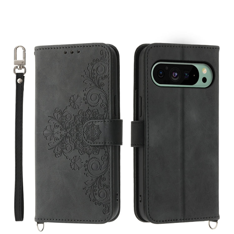 For Google Pixel 9 Skin-feel Flowers Embossed Wallet Leather Phone Case(Black) - Google Cases by PMC Jewellery | Online Shopping South Africa | PMC Jewellery | Buy Now Pay Later Mobicred