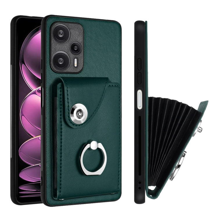 For Xiaomi Poco F5 5G/Redmi Note 12 Turbo Organ Card Bag Ring Holder PU Phone Case(Green) - Xiaomi Cases by PMC Jewellery | Online Shopping South Africa | PMC Jewellery | Buy Now Pay Later Mobicred