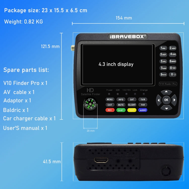 iBRAVEBOX V10 Finder Max 4.3 inch Display Digital Satellite Meter Signal Finder, Support DVB-S/S2/S2X, Plug Type:US Plug(Black) - Satellite Finder by PMC Jewellery | Online Shopping South Africa | PMC Jewellery | Buy Now Pay Later Mobicred