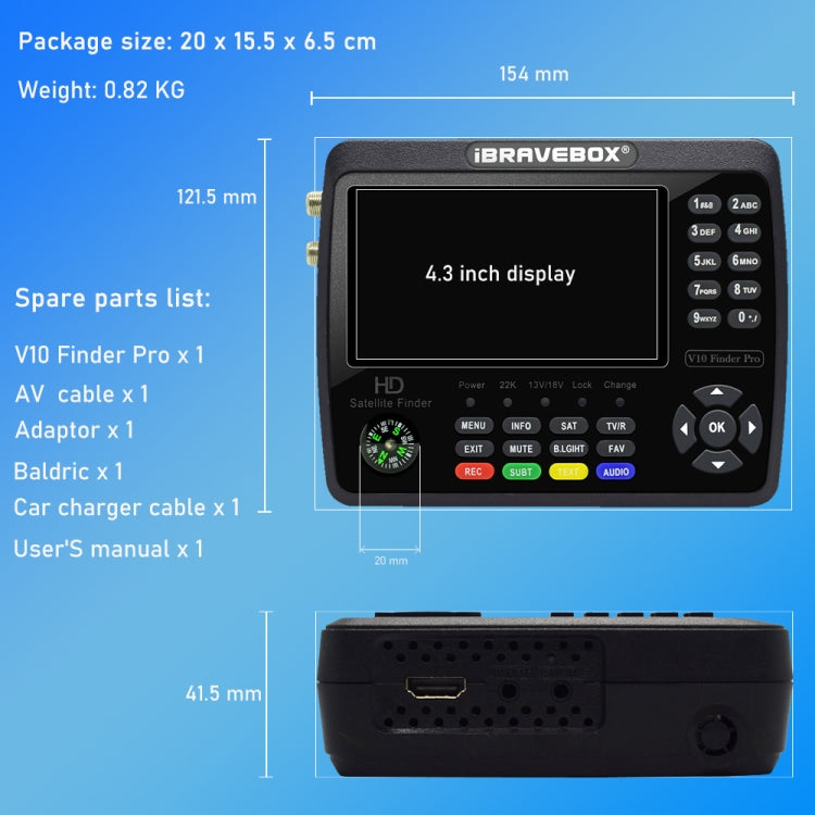 iBRAVEBOX V10 Finder Pro 4.3 inch Display Digital Satellite Meter Signal Finder, Support DVB-S/S2/S2X/T/T2/C, Plug Type:EU Plug(Black) - Satellite Finder by PMC Jewellery | Online Shopping South Africa | PMC Jewellery | Buy Now Pay Later Mobicred