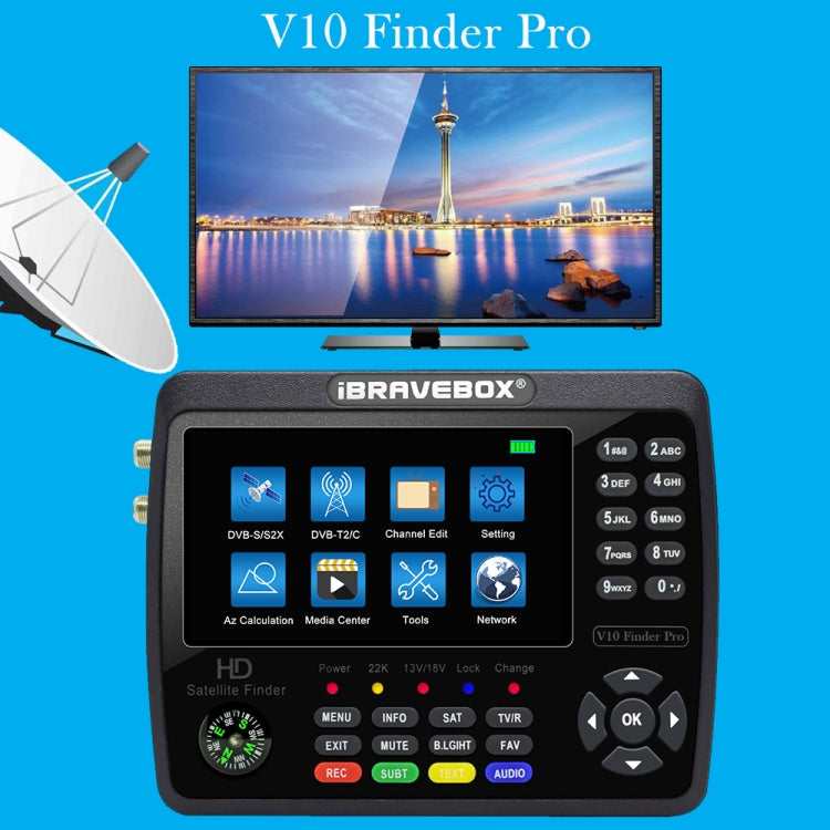 iBRAVEBOX V10 Finder Pro 4.3 inch Display Digital Satellite Meter Signal Finder, Support DVB-S/S2/S2X/T/T2/C, Plug Type:UK Plug(Black) - Satellite Finder by PMC TechLife | Online Shopping South Africa | PMC TechLife | Buy Now Pay Later Mobicred