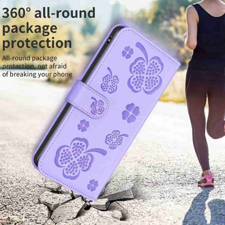 For Xiaomi Redmi Note 12 Pro 5G Global Four-leaf Embossed Leather Phone Case(Purple) - Xiaomi Cases by PMC Jewellery | Online Shopping South Africa | PMC Jewellery | Buy Now Pay Later Mobicred