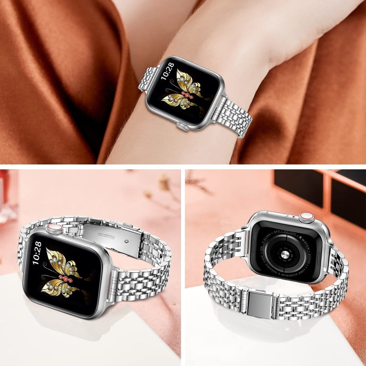 For Apple Watch SE 44mm Slim Seven Bead Slingshot Buckle Metal Watch Band(Silver) - Watch Bands by PMC Jewellery | Online Shopping South Africa | PMC Jewellery