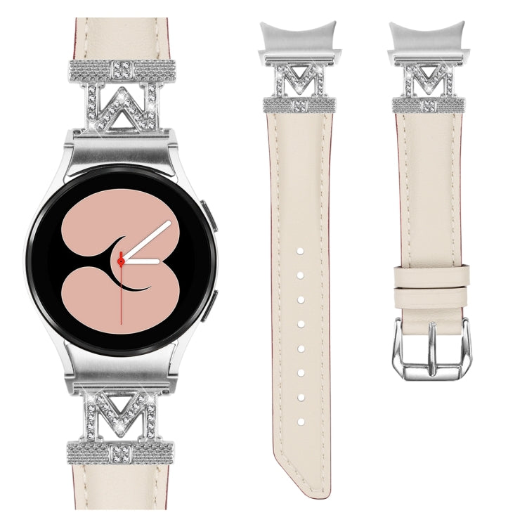 For Samsung Galaxy Watch6 / 6 Classic M Letter D-shaped Twill Leather Watch Band(Silver Apricot) - Watch Bands by PMC TechLife | Online Shopping South Africa | PMC TechLife