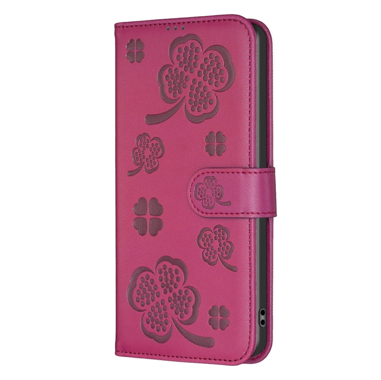 For iPhone 16 Pro Max Four-leaf Embossed Leather Phone Case(Rose Red) - iPhone 16 Pro Max Cases by PMC Jewellery | Online Shopping South Africa | PMC Jewellery | Buy Now Pay Later Mobicred