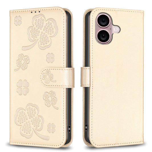 For iPhone 16 Plus Four-leaf Embossed Leather Phone Case(Gold) - iPhone 16 Plus Cases by PMC Jewellery | Online Shopping South Africa | PMC Jewellery | Buy Now Pay Later Mobicred