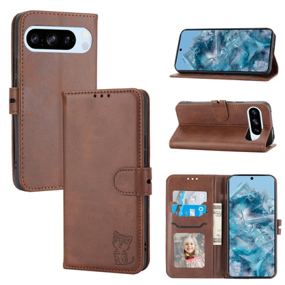 For Google Pixel 9 Pro Embossed Happy Cat Pattern Flip Leather Phone Case(Brown) - Google Cases by PMC Jewellery | Online Shopping South Africa | PMC Jewellery | Buy Now Pay Later Mobicred