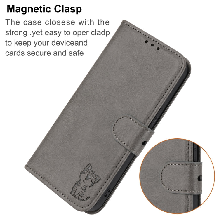 For Google Pixel 9 Embossed Happy Cat Pattern Flip Leather Phone Case(Grey) - Google Cases by PMC TechLife | Online Shopping South Africa | PMC TechLife | Buy Now Pay Later Mobicred