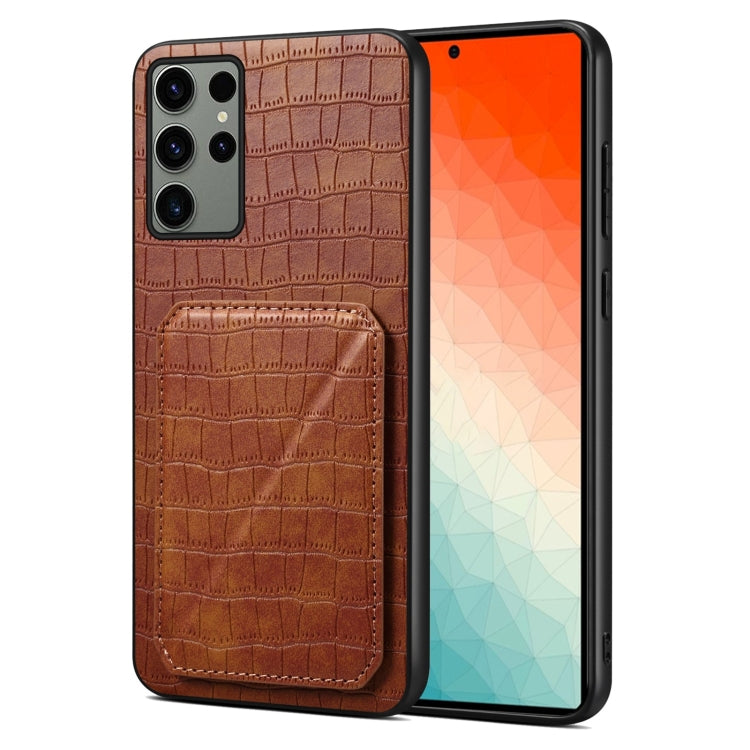 For Samsung Galaxy S24 Ultra 5G Denior Imitation Crocodile Leather Back Phone Case with Holder(Brown) - Galaxy S24 Ultra 5G Cases by Denior | Online Shopping South Africa | PMC Jewellery | Buy Now Pay Later Mobicred