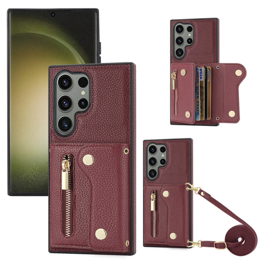 For Samsung Galaxy S24 Ultra DF-09 Crossbody Litchi texture Card Bag Design PU Phone Case(Wine Red) - Galaxy S24 Ultra 5G Cases by PMC Jewellery | Online Shopping South Africa | PMC Jewellery | Buy Now Pay Later Mobicred