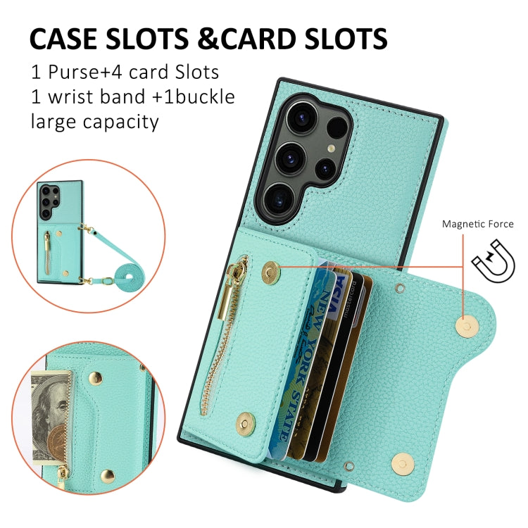 For Samsung Galaxy S24 Ultra DF-09 Crossbody Litchi texture Card Bag Design PU Phone Case(Cyan) - free shipping - PMC Jewellery - Order now!