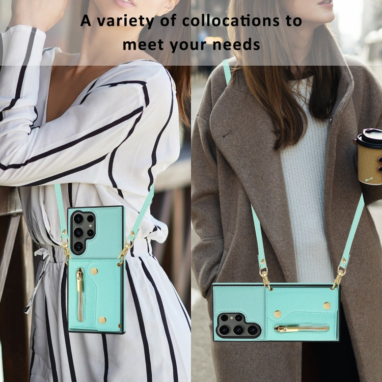 For Samsung Galaxy S24 Ultra DF-09 Crossbody Litchi texture Card Bag Design PU Phone Case(Cyan) - free shipping - PMC Jewellery - Order now!