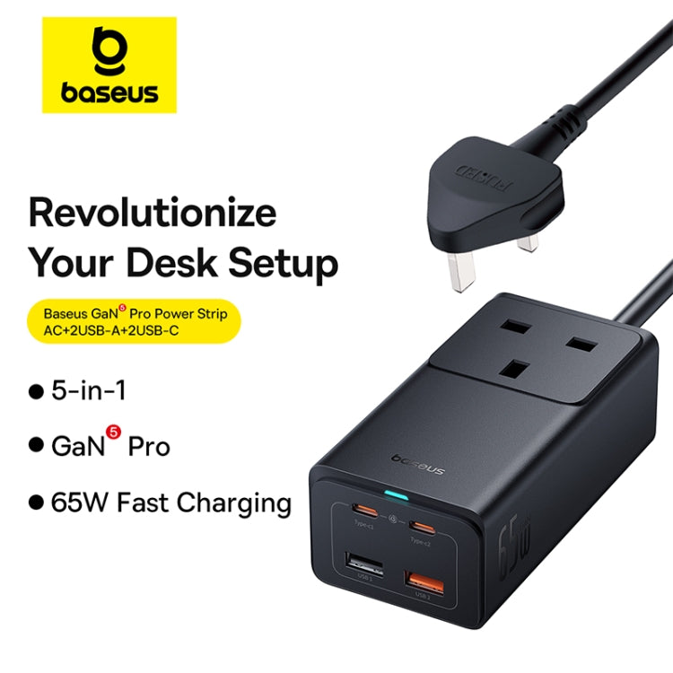 Baseus GaN5 Pro 65W AC+2xUSB+2xType-C PowerCombo Power Strip 1.5m with 1m Type-C to Type-C Cable, UK Plug(Black) - Multifunction Charger by Baseus | Online Shopping South Africa | PMC Jewellery | Buy Now Pay Later Mobicred