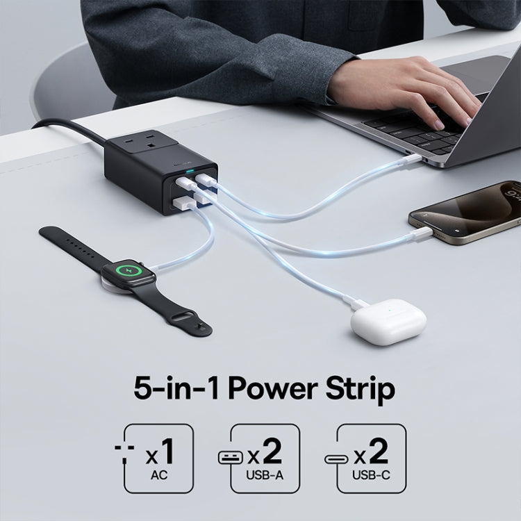 Baseus GaN5 Pro 65W AC+2xUSB+2xType-C PowerCombo Power Strip 1.5m with 1m Type-C to Type-C Cable, UK Plug(Black) - Multifunction Charger by Baseus | Online Shopping South Africa | PMC Jewellery | Buy Now Pay Later Mobicred