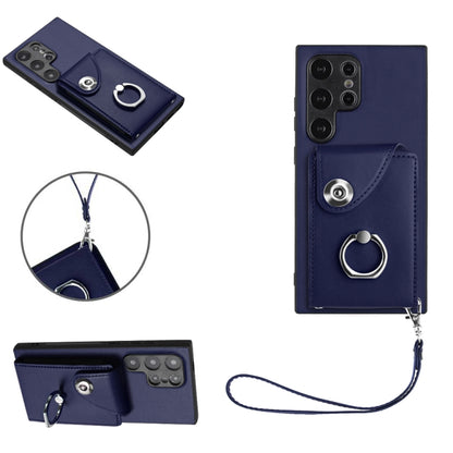 For Samsung Galaxy S24 Ultra 5G Organ Card Bag Ring Holder PU Phone Case with Lanyard(Blue) - Galaxy S24 Ultra 5G Cases by PMC Jewellery | Online Shopping South Africa | PMC Jewellery