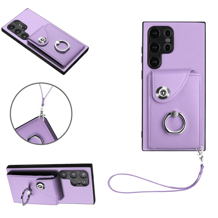 For Samsung Galaxy S24 Ultra 5G Organ Card Bag Ring Holder PU Phone Case with Lanyard(Purple) - Galaxy S24 Ultra 5G Cases by PMC Jewellery | Online Shopping South Africa | PMC Jewellery