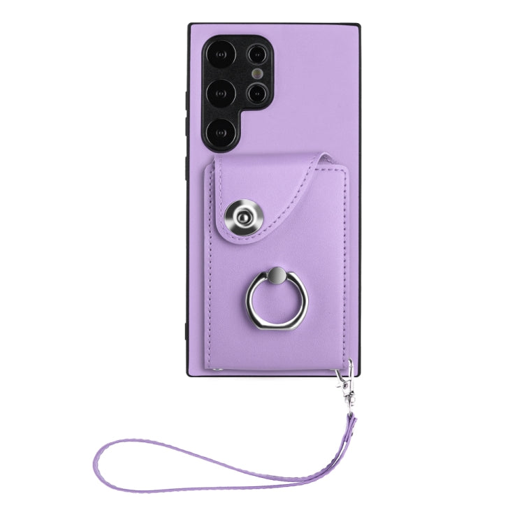 For Samsung Galaxy S24 Ultra 5G Organ Card Bag Ring Holder PU Phone Case with Lanyard(Purple) - Galaxy S24 Ultra 5G Cases by PMC Jewellery | Online Shopping South Africa | PMC Jewellery