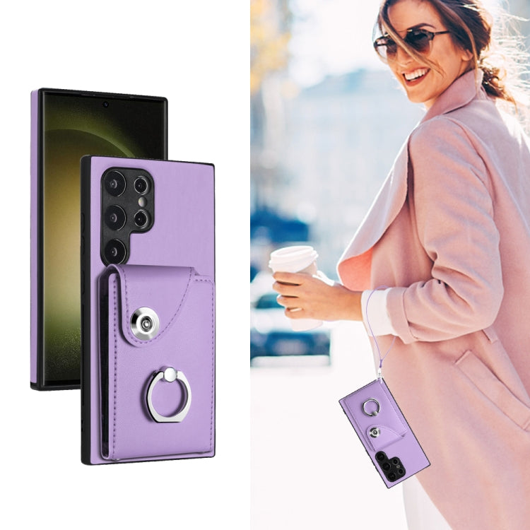 For Samsung Galaxy S24 Ultra 5G Organ Card Bag Ring Holder PU Phone Case with Lanyard(Purple) - Galaxy S24 Ultra 5G Cases by PMC Jewellery | Online Shopping South Africa | PMC Jewellery