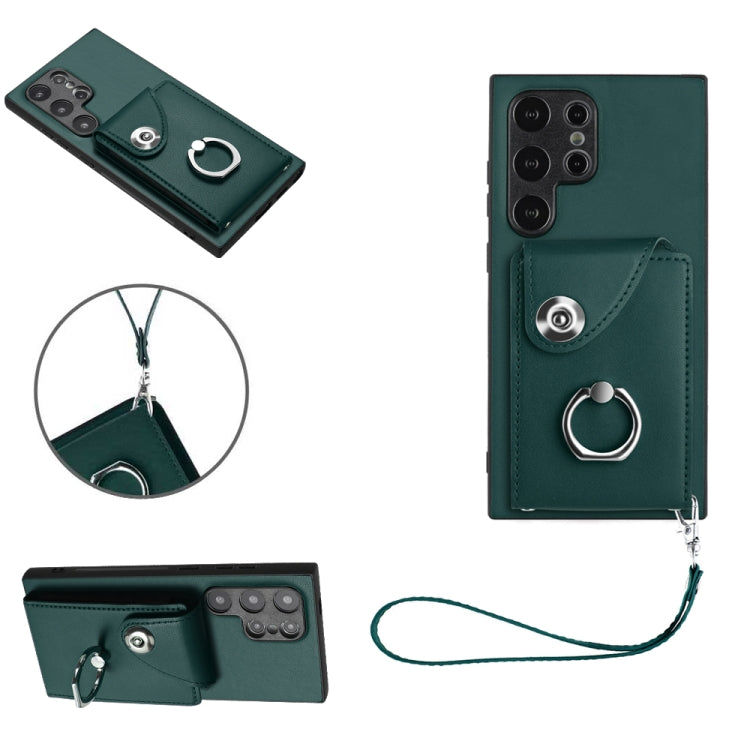 For Samsung Galaxy S24 Ultra 5G Organ Card Bag Ring Holder PU Phone Case with Lanyard(Green) - Galaxy S24 Ultra 5G Cases by PMC Jewellery | Online Shopping South Africa | PMC Jewellery