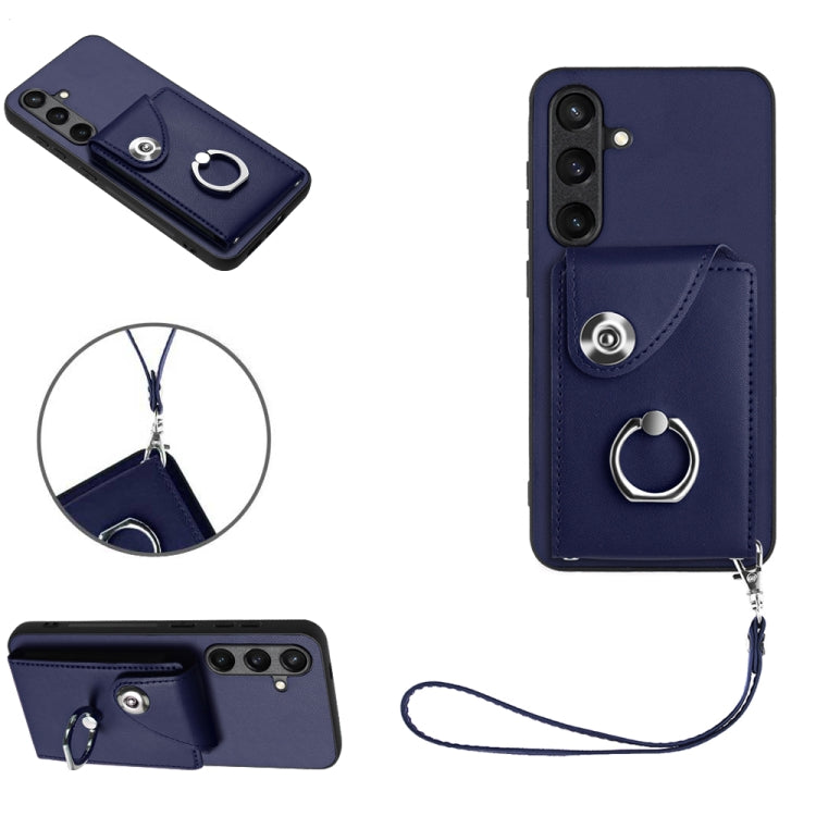 For Samsung Galaxy S24 5G Organ Card Bag Ring Holder PU Phone Case with Lanyard(Blue) - Galaxy S24 5G Cases by PMC TechLife | Online Shopping South Africa | PMC TechLife