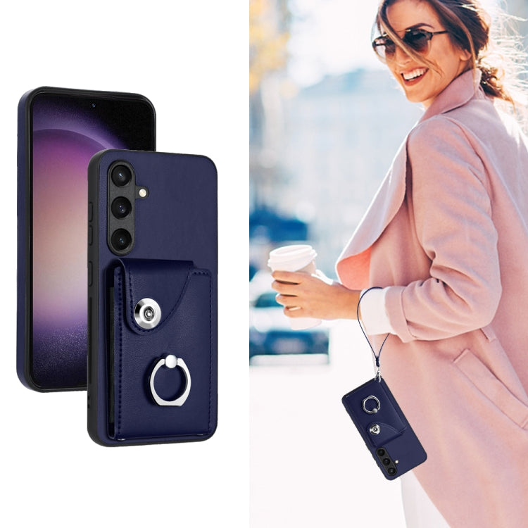 For Samsung Galaxy S24 5G Organ Card Bag Ring Holder PU Phone Case with Lanyard(Blue) - Galaxy S24 5G Cases by PMC TechLife | Online Shopping South Africa | PMC TechLife