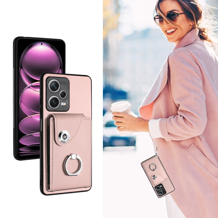 For Xiaomi Redmi Note 12 Pro 5G Global Organ Card Bag Ring Holder PU Phone Case with Lanyard(Pink) - Xiaomi Cases by PMC Jewellery | Online Shopping South Africa | PMC Jewellery | Buy Now Pay Later Mobicred