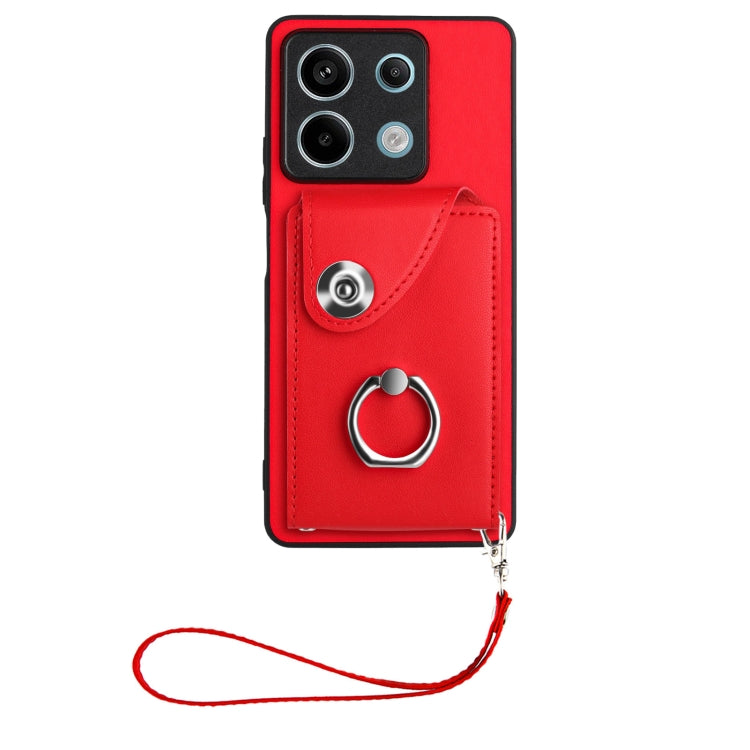 For Xiaomi Redmi Note 13 5G Global Organ Card Bag Ring Holder PU Phone Case with Lanyard(Red) - Note 13 Cases by PMC Jewellery | Online Shopping South Africa | PMC Jewellery | Buy Now Pay Later Mobicred