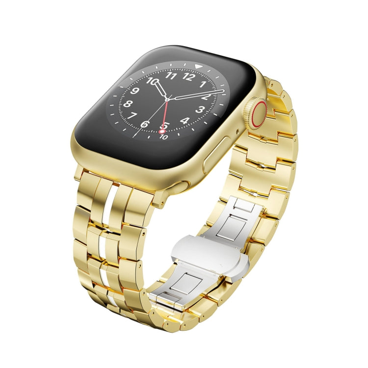 For Apple Watch Series 9 41mm Butterfly Buckle 5-Beads Metal Watch Band(Gold White) - Watch Bands by PMC TechLife | Online Shopping South Africa | PMC TechLife