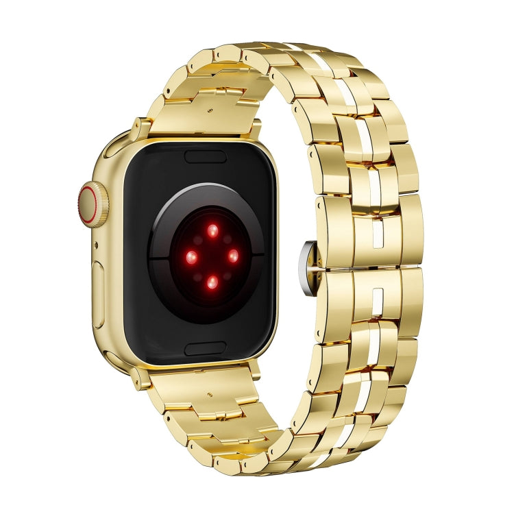 For Apple Watch SE 2022 44mm Butterfly Buckle 5-Beads Metal Watch Band(Gold White) - Watch Bands by PMC TechLife | Online Shopping South Africa | PMC TechLife
