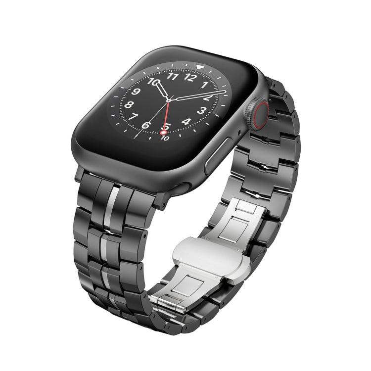 For Apple Watch Series 4 44mm Butterfly Buckle 5-Beads Metal Watch Band(Black Silver) - Watch Bands by PMC TechLife | Online Shopping South Africa | PMC TechLife
