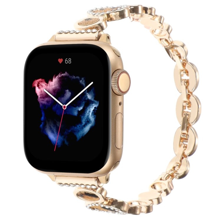 For Apple Watch Series 9 45mm Leopard Rhinestones Metal Chain Watch Band(Gold) - Watch Bands by PMC Jewellery | Online Shopping South Africa | PMC Jewellery