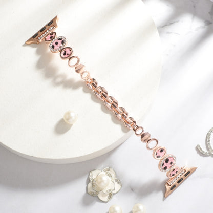 For Apple Watch Series 9 45mm Leopard Rhinestones Metal Chain Watch Band(Rose Gold) - Watch Bands by PMC Jewellery | Online Shopping South Africa | PMC Jewellery