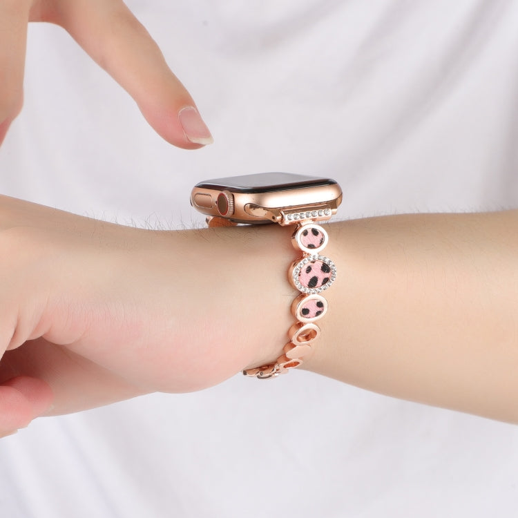 For Apple Watch Series 4 44mm Leopard Rhinestones Metal Chain Watch Band(Rose Gold) - Watch Bands by PMC TechLife | Online Shopping South Africa | PMC TechLife