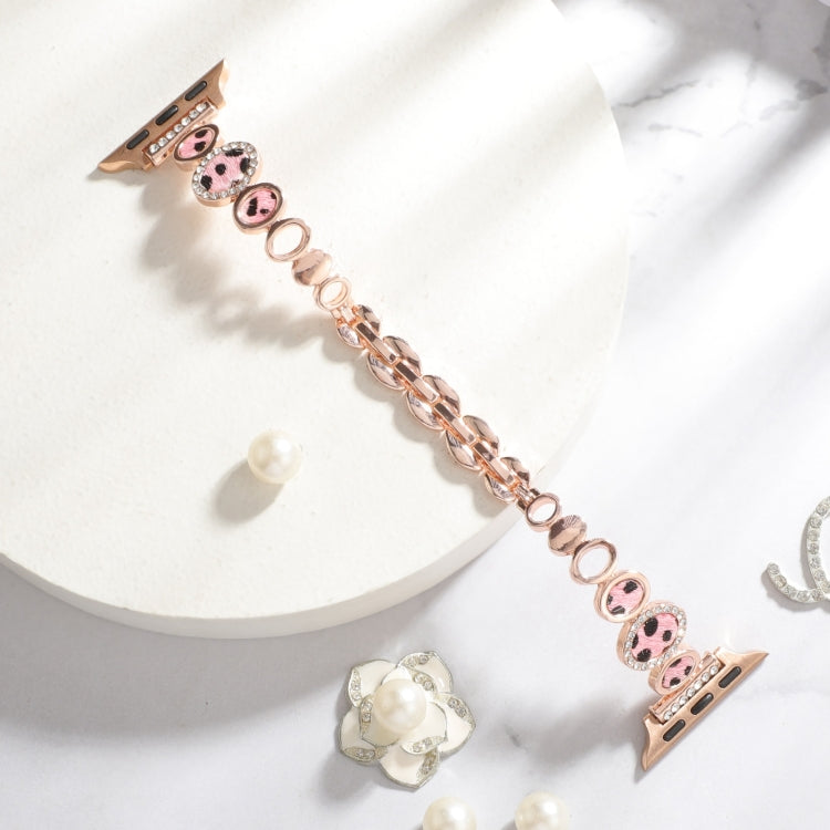 For Apple Watch Series 3 38mm Leopard Rhinestones Metal Chain Watch Band(Rose Gold) - Watch Bands by PMC TechLife | Online Shopping South Africa | PMC TechLife