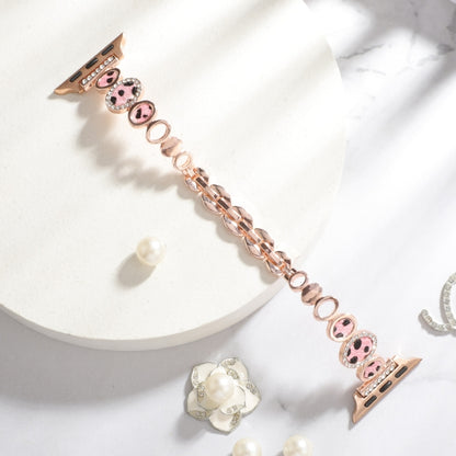 For Apple Watch Series 3 38mm Leopard Rhinestones Metal Chain Watch Band(Rose Gold) - Watch Bands by PMC Jewellery | Online Shopping South Africa | PMC Jewellery