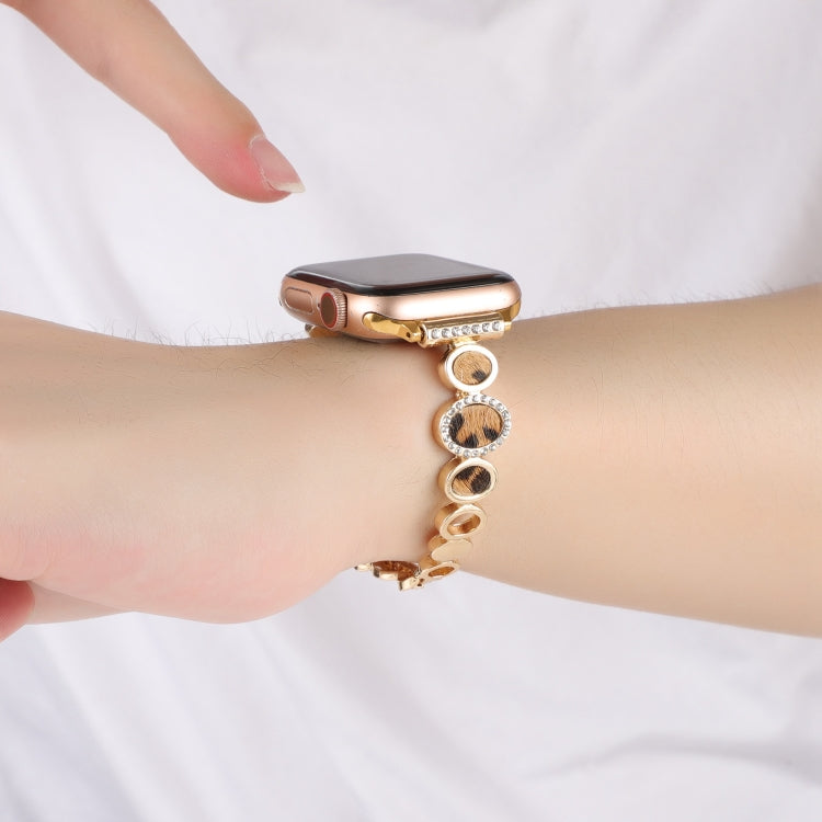 For Apple Watch 42mm Leopard Rhinestones Metal Chain Watch Band(Gold) - Watch Bands by PMC TechLife | Online Shopping South Africa | PMC TechLife