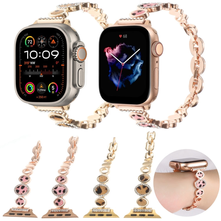 For Apple Watch SE 44mm Leopard Rhinestones Metal Chain Watch Band(Gold) - Watch Bands by PMC TechLife | Online Shopping South Africa | PMC TechLife