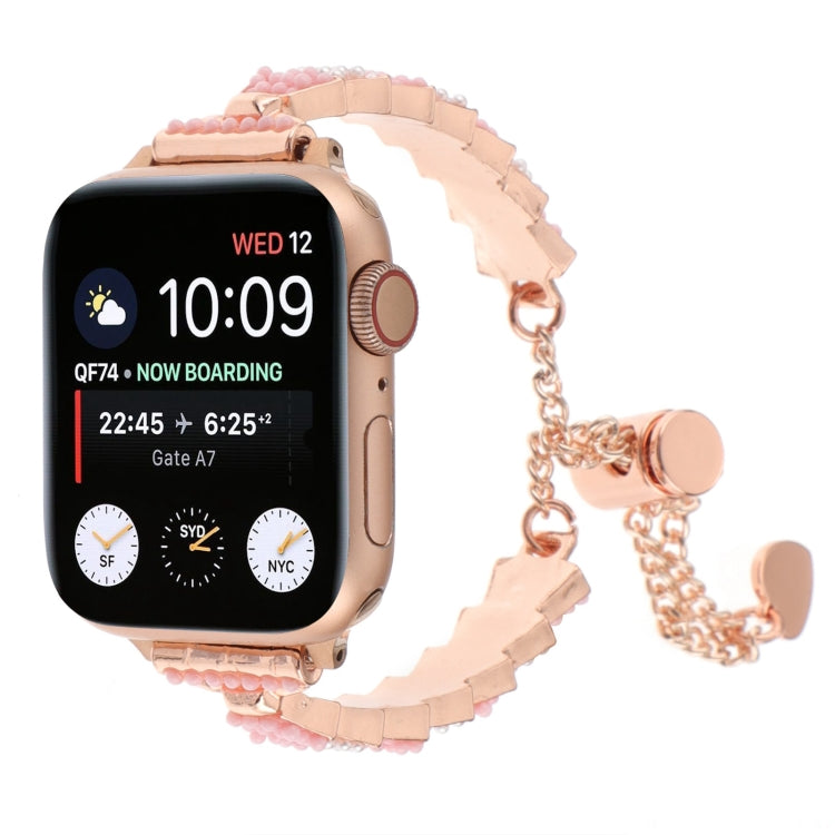 For Apple Watch SE 2023 40mm Shell Beads Chain Bracelet Metal Watch Band(Pink White Rose Gold) - Watch Bands by PMC Jewellery | Online Shopping South Africa | PMC Jewellery